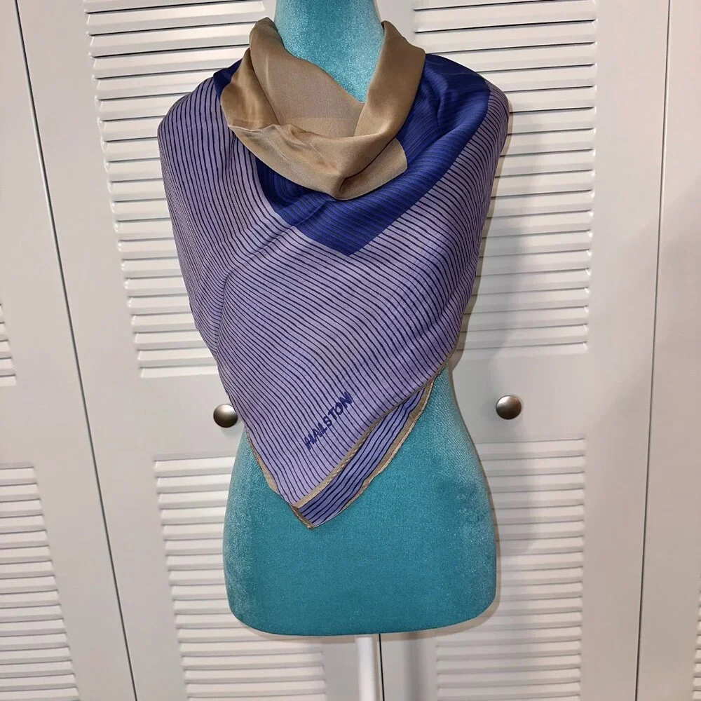 Halston Heritage 100% Silk Square Scarf, Navy Taupe Violet Striped, NWT